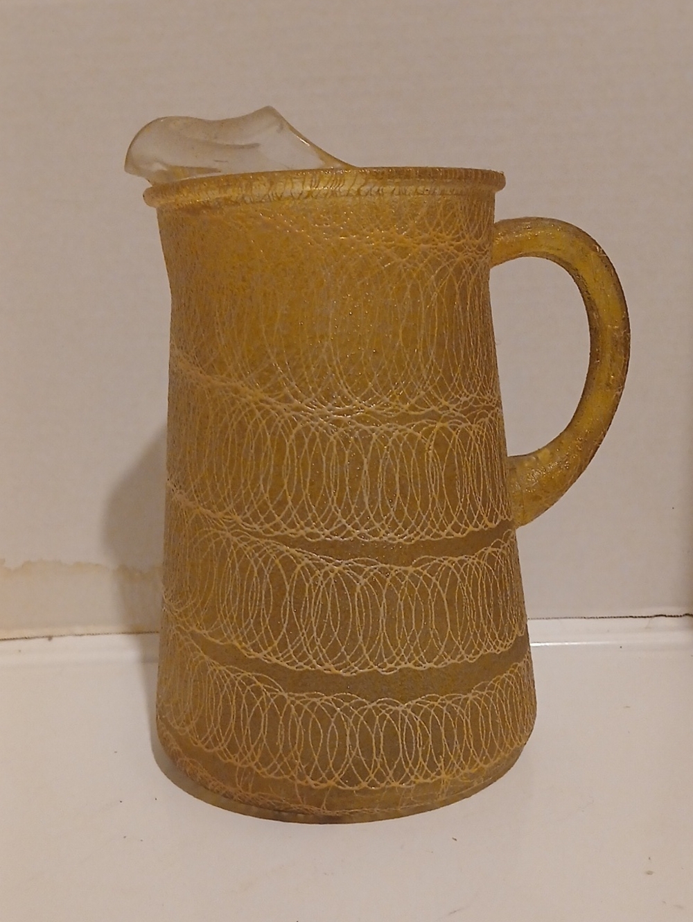 Vintage Mcm 50s Rubber Spaghetti String Amber Glass Pitcher with Loop Handle
